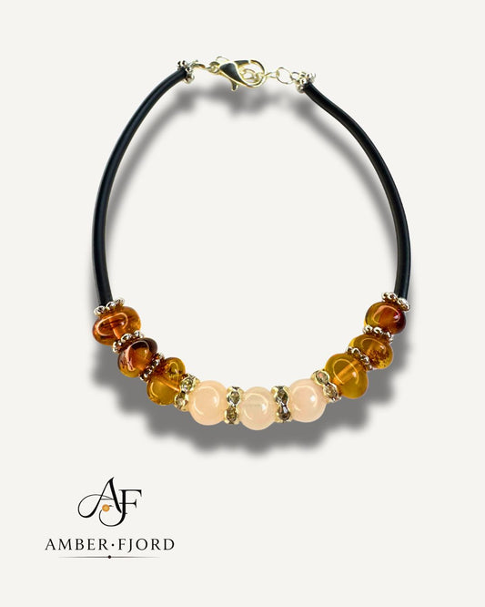 Bransoletka z Bursztynami-Róźowy Kwarc - Wysyłka 24H