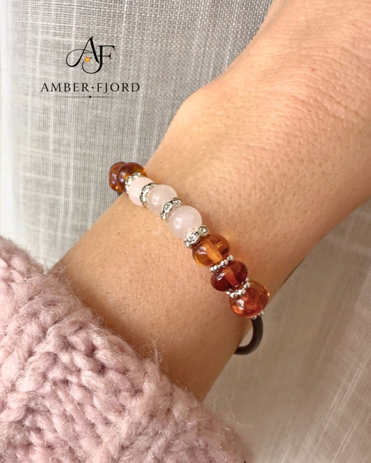 Bransoletka z Bursztynami-Róźowy Kwarc - Wysyłka 24H
